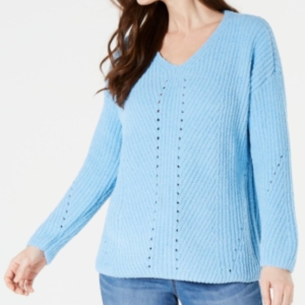 Style & Co Cozy Chenille V-Neck Sweater Blue XL